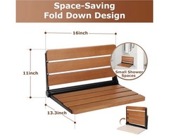 Flngr 16in Wall Mounted Folding Shower Seat Teak Wood 400lb Capacity Bench