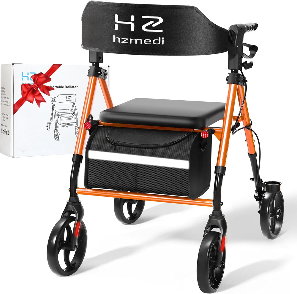Foldable Rollator Walker for Seniors with Seat, 8″ Wheels, Dual Height Adjust