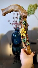 Flower field Elegant Light Wood Hand and Hand Painted Carved Walking Stick