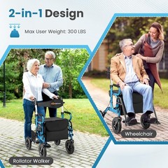 Rollator Walker & Wheelchair, 308lb Capacity, Adjustable Height, Black