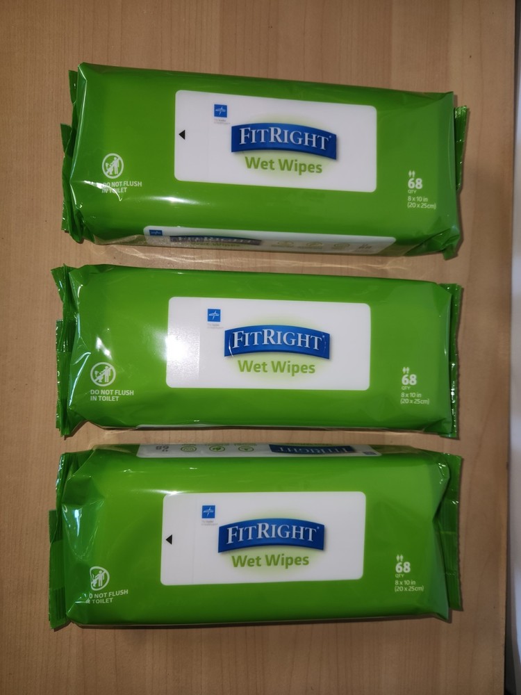 3x -68 Count Medline FITRIGHT Wet Wipes Personal Cleansing Wipes Exp 02/28~NEW