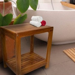 Nordic Style Oiled Teak Wood Shower and Bath Spa Bench with Shelf – 18″