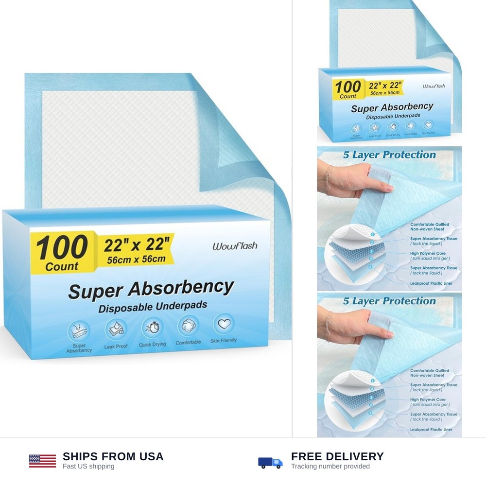 100 Count 22” x 22” Super Absorbency Disposable Underpads, Leakproof Quick Dr…