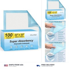 100 Count 22” x 22” Super Absorbency Disposable Underpads, Leakproof Quick Dr…