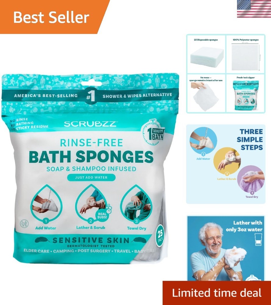 25 Count No Rinse Bathing Wipes – Hypoallergenic & Unscented for Sensitive Skin