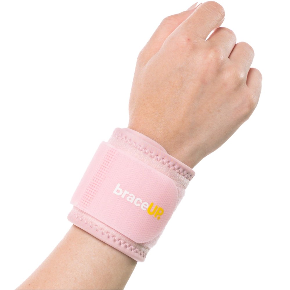BraceUP Wrist Compression Strap and Support Brace, One Size Adjustable, Pink