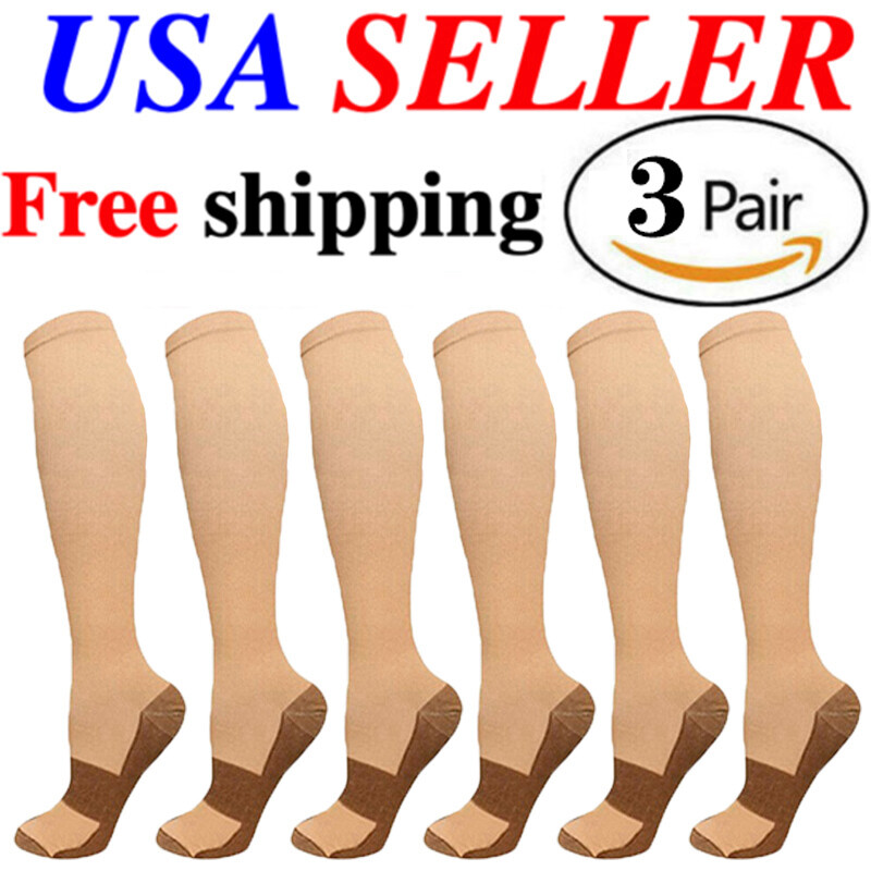 3 Pairs Copper Compression Socks 20-30mmHg Miracle Support Mens Womens (S~XXL)