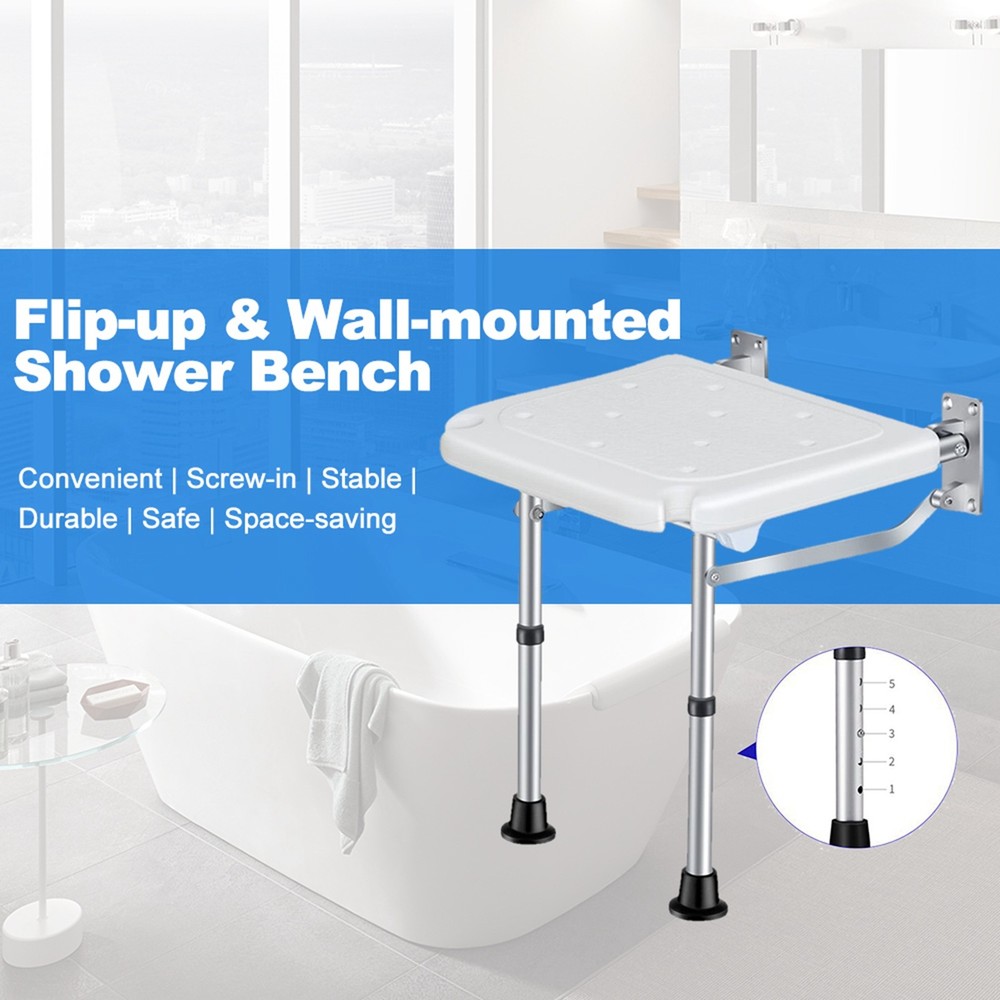 Folding Shower Bench Wall Mounted Flip Up Bath Seat Height Adjustable For