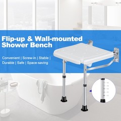 Folding Shower Bench Wall Mounted Flip Up Bath Seat Height Adjustable For