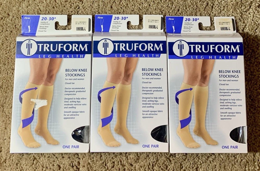 (3) Truform 20-30 Below Knee Compression Stockings Closed Toe Black Large 8865BL
