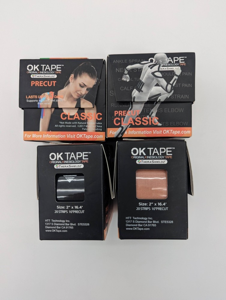 Lot Of 4 – OK TAPE Kinesiology Tape 10 inches Precut, 20 Strips, Black/Beige