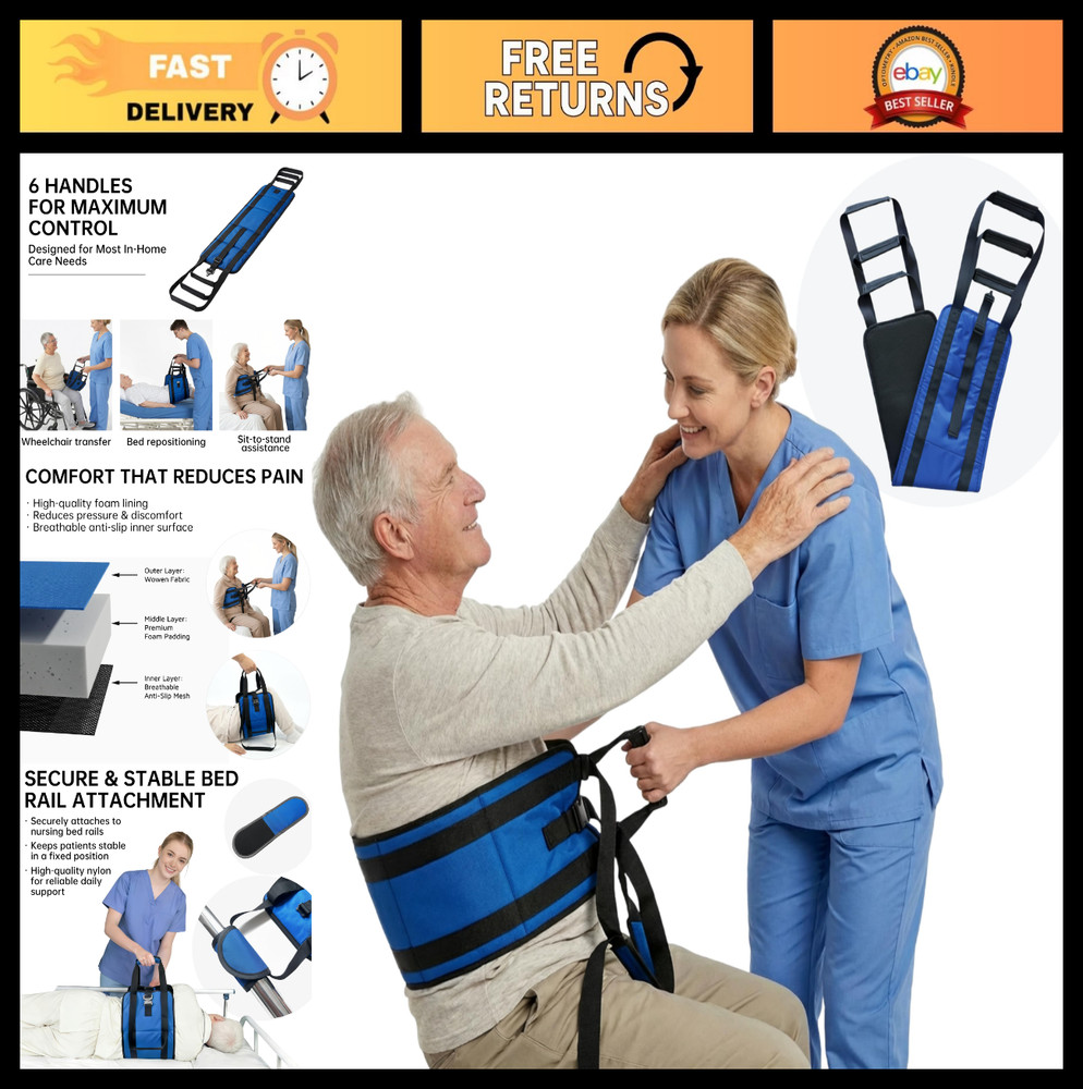 Transfer Sling with Metal Buckle, 6 Reinforced Straps, Lift Aid for Elderly & Di