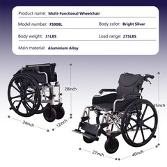 Aluminum Alloy Transport Wheelchair. 20″ Seats. With front and Rear Locking Hand