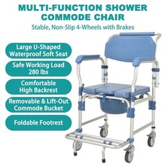 Irtme Bedside Commode Wheelchair with Drop Arms & Lockable Casters, Shower Chair
