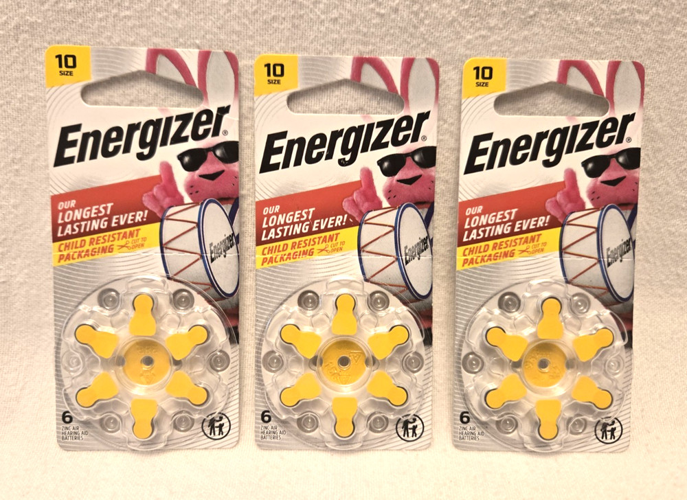 Energizer Hearing Aid Batteries. Size 10 – 6 ct. Yellow. Lot of 3 packs. * NEW *