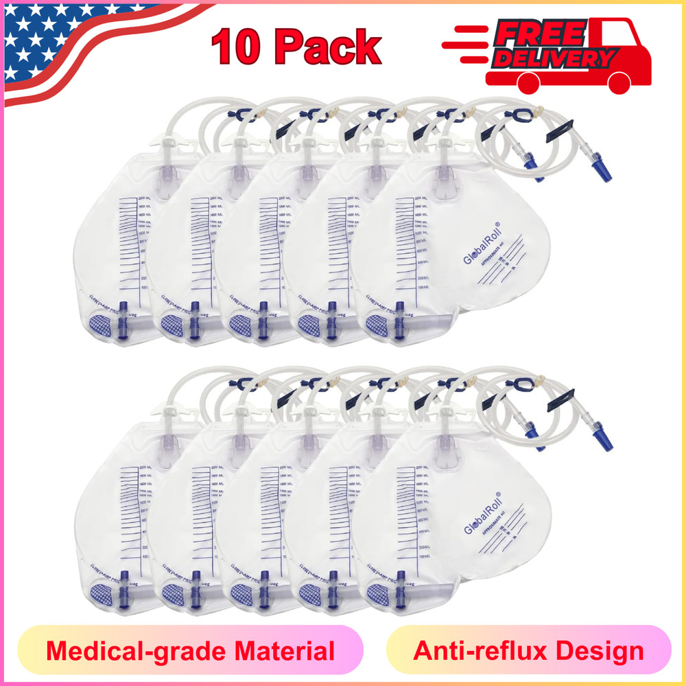 Urinary Drainage Bag w Anti-Reflux Chamber, Urine Bag with 2000 mL Volume 10 Pcs