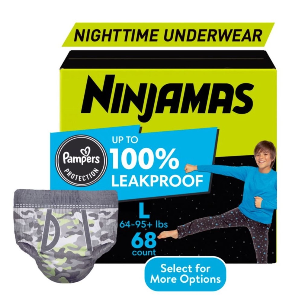 Ninjamas Boys Bedwetting Nighttime Underwear, Size L (64-95+ lbs), 68 Count
