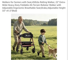 Heavy Duty Rollator Walker With Seat 450 Lb Capacity 12″ All Terrain Wheels RED