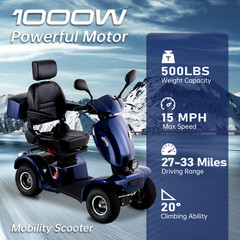 1000W 4-Wheel Heavy Duty Mobility Scooters w/ 16″ Tire for Seniors 500lbs 15MPH