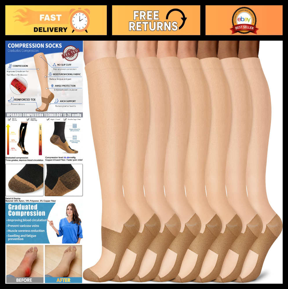 Copper Compression Socks 8 Pack for Men & Women – Knee High 15-20mmHg Support fo
