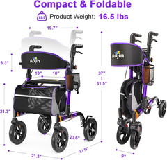 Lightweight Rollator Walker for Seniors, 350 lb Capacity, 8″ All-Terrain Wheels