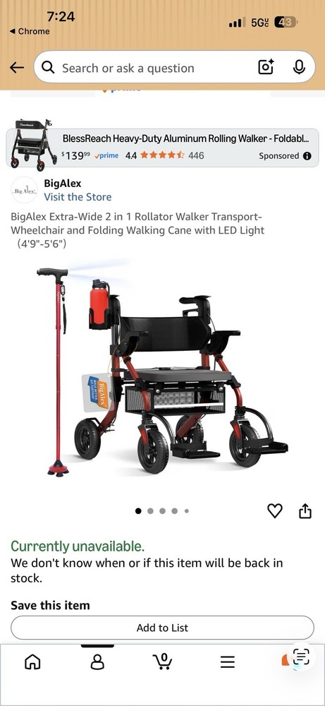 BigAlex Extra-Wide 2-in-1 Rollator/Transport Chair Foldable Seat Red