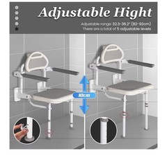 NEWTRY Wall-Mounted Folding Shower Seat w/ Armrests Back, 330 lb, White/Gray