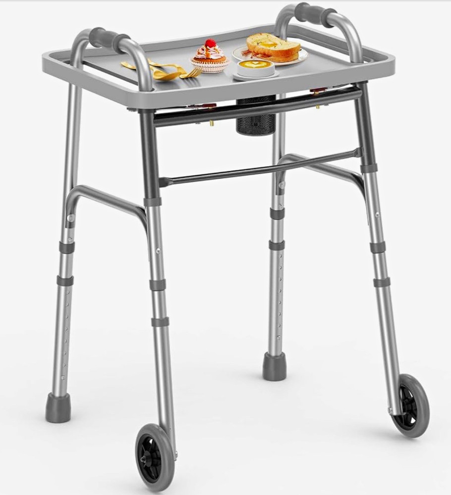 LOYODA Folding Walker w/Tray, 2 Wheels, Adjustable 31-38″.