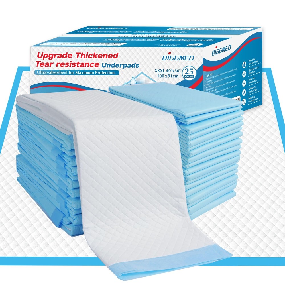 BIGGMED Tear-Resistant Incontinence 40″x36″- 25 Count (Tear-resistant), Blue