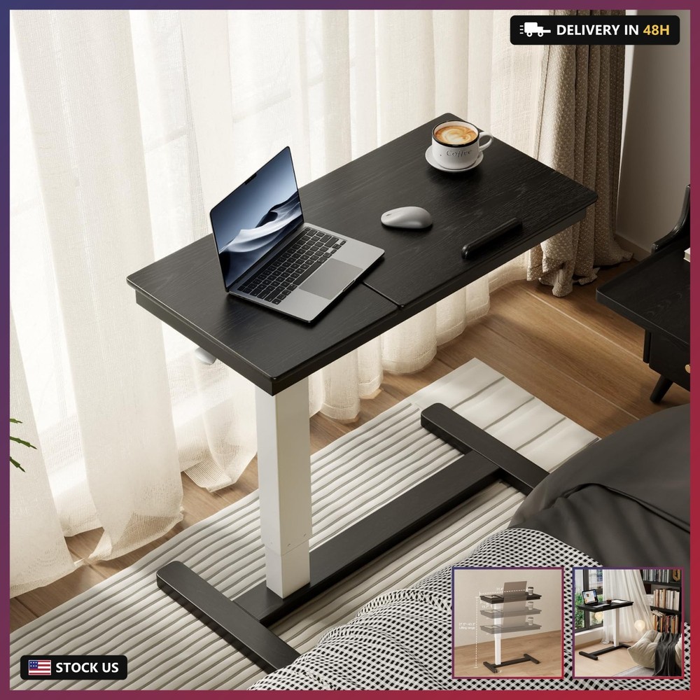 Solid Wood Overbed Bedside Table with Wheels,Tilt Top Hospital Bed Table Adjusta