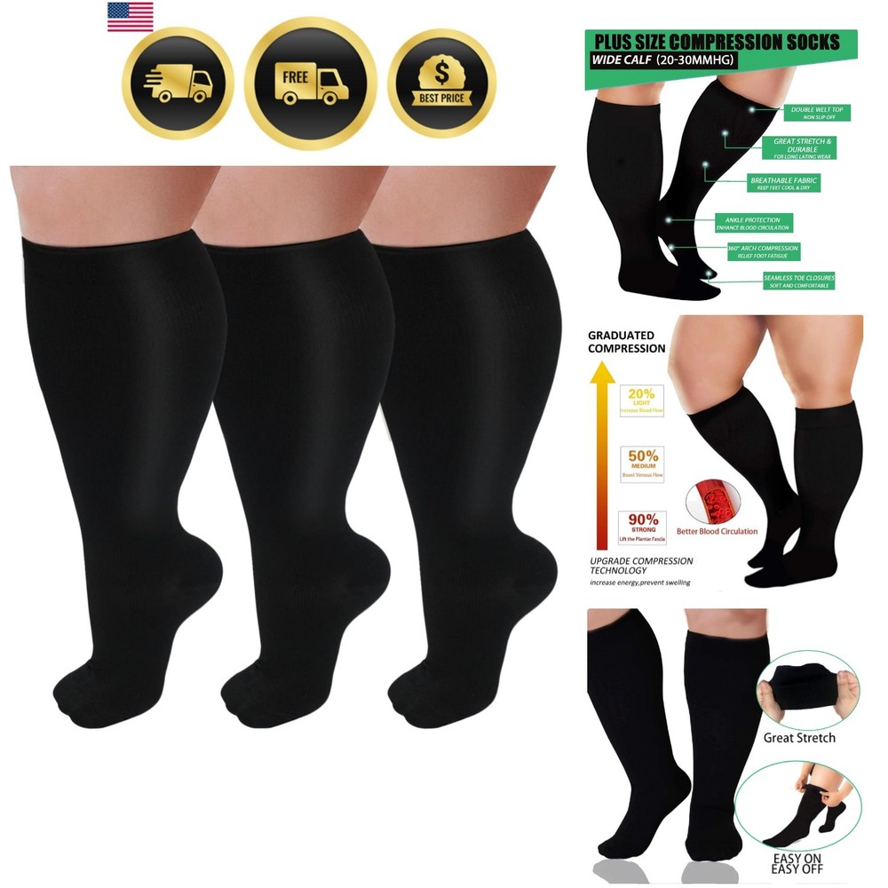 3 Pairs Plus Size Compression Socks for Women and Men Wide Calf 20-30mmhg Ext…