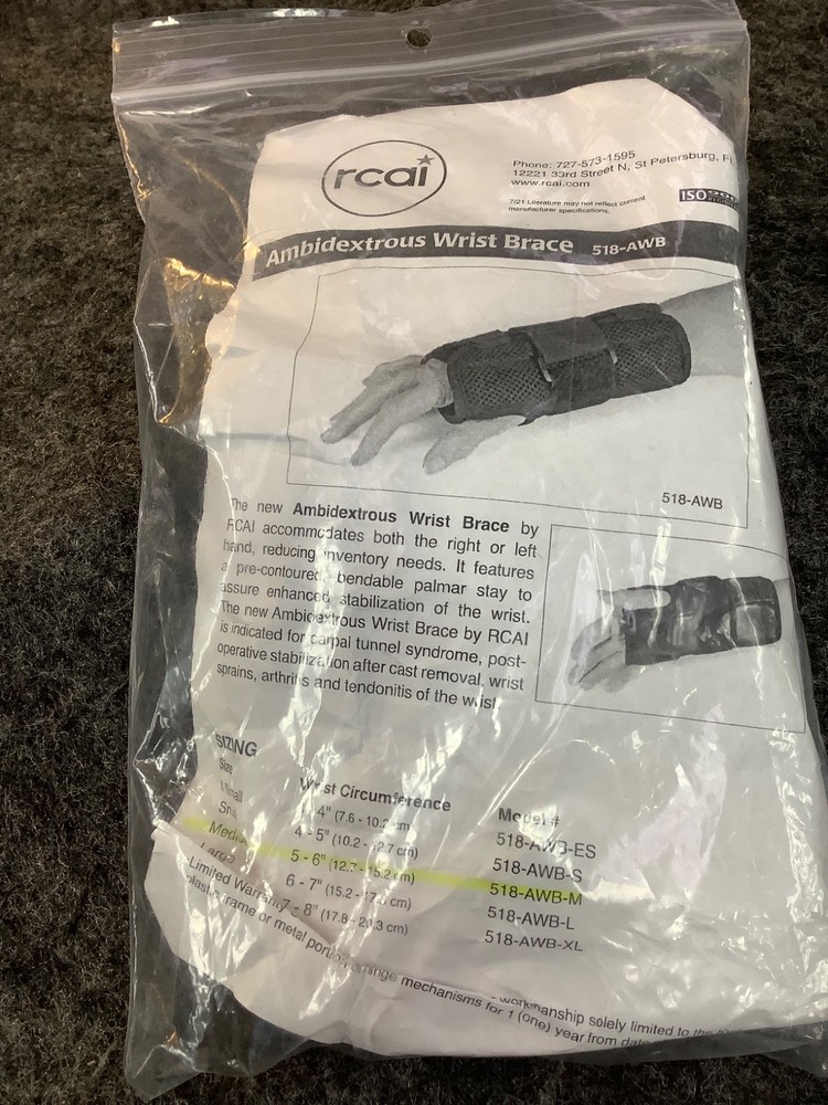 RCAI, AMBIDEXTROUS WRIST BRACE, #518-AWB-M, (FITS MED WRIST CIRCUMFERENCE 5-6″)