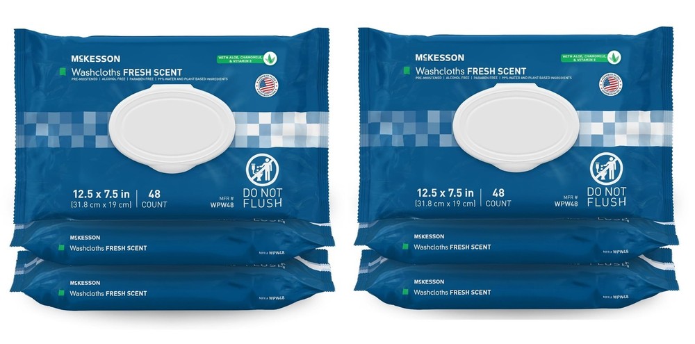 McKesson BEST Washcloth Wipes for Adults, Scented (6 Pack, 48 /Pack) Disposable