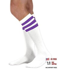 Unisex White Knee High Team Tube Socks with One Size White With Purple Stripes