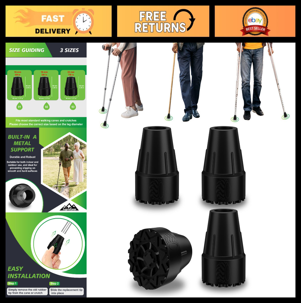 Heavy Duty 3/4″ Rubber Cane Tips – Non-Slip Grip Replacement Feet Caps, 4 Pack