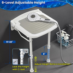 Wall Mounted Folding Shower Seat,Support 550Lbs,Adjustable Height Fold up Shower