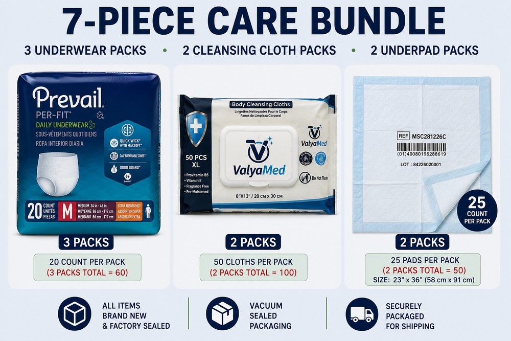 3 Packs Prevail Per-Fit Medium 20 Ct + 2 ValyaMed Wipes 50Ct + 2 Underpads 25Ct