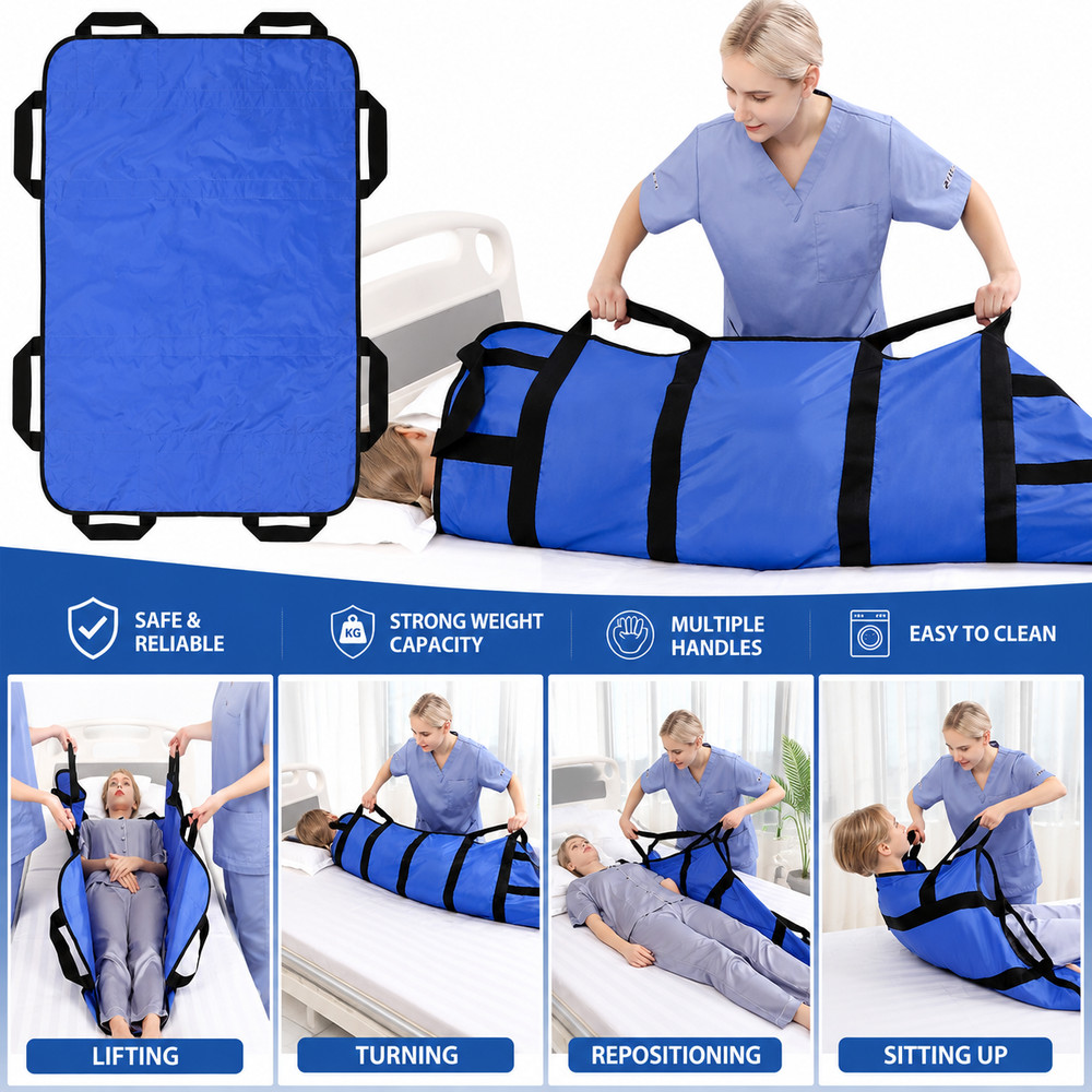 72″x40″ Positioning Bed Pad with Reinforced Handles Reusable Washable Blue