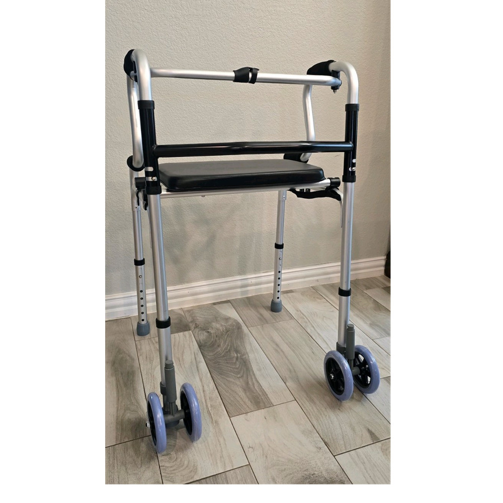 Foldable Adjustable Walking Frame with Seat, 4 Wheels, Lightweight, Silver/Black
