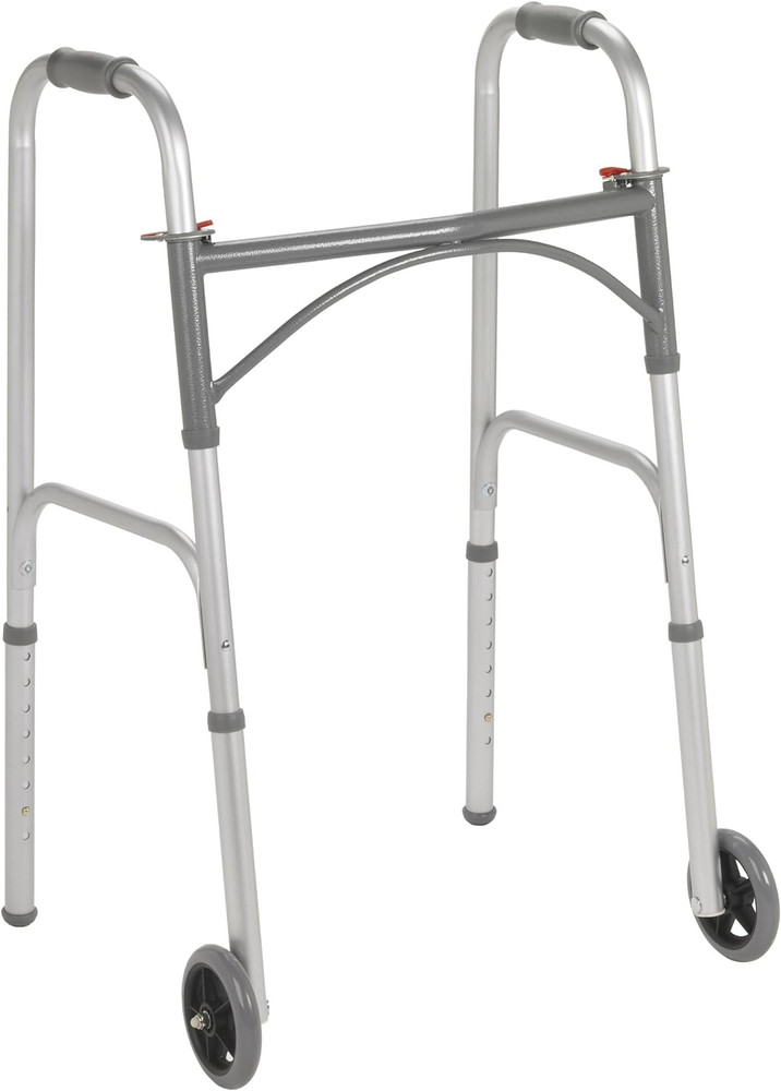 Folding Steel Walker, 2-Button Release, 5 in, Wheels, 300lb Weight Cap #10244-1