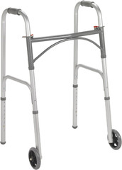 Folding Steel Walker, 2-Button Release, 5 in, Wheels, 300lb Weight Cap #10244-1