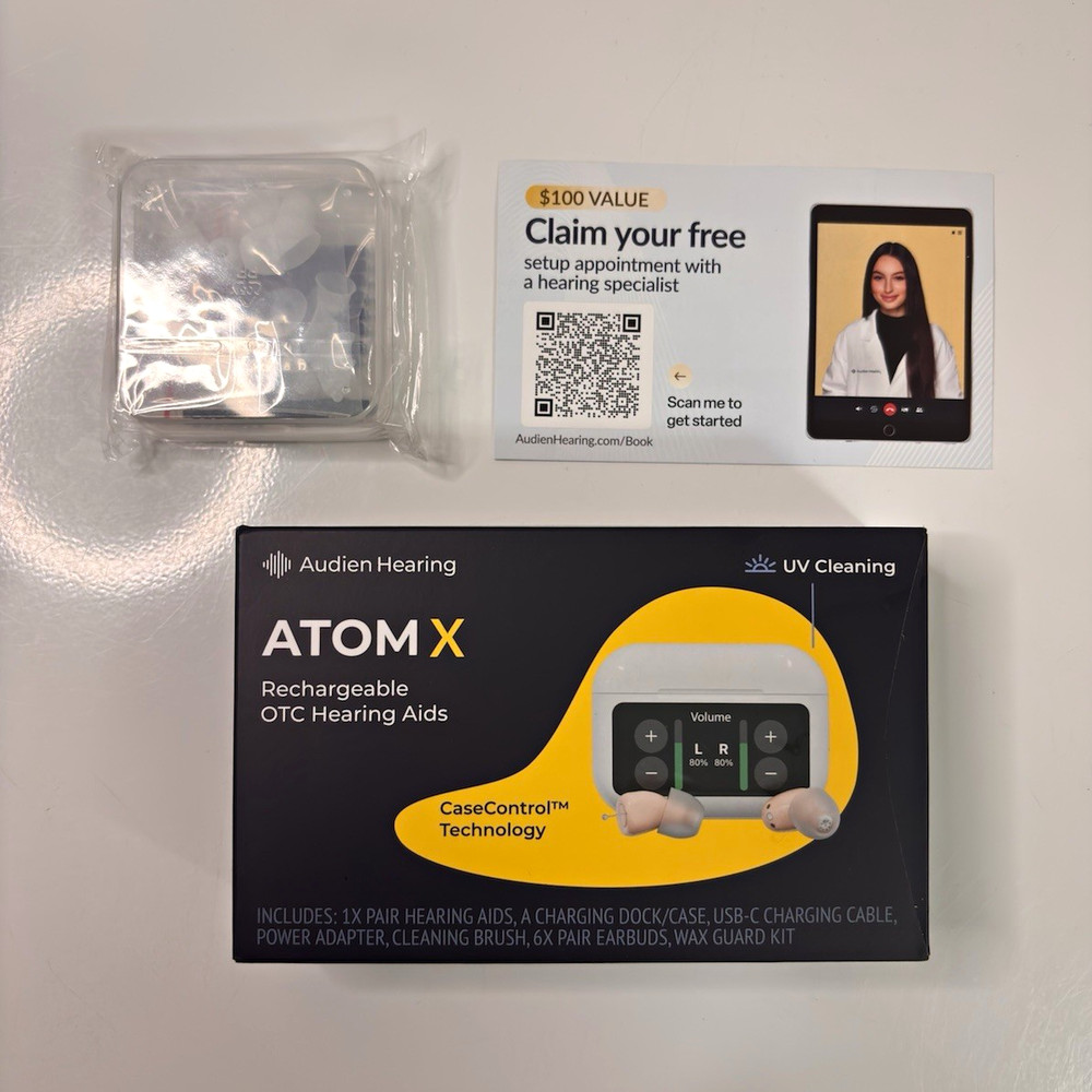 Audien Hearing ATOM X Rechargeable UV Cleaning CIC Hearing Aids Beige Both Ears