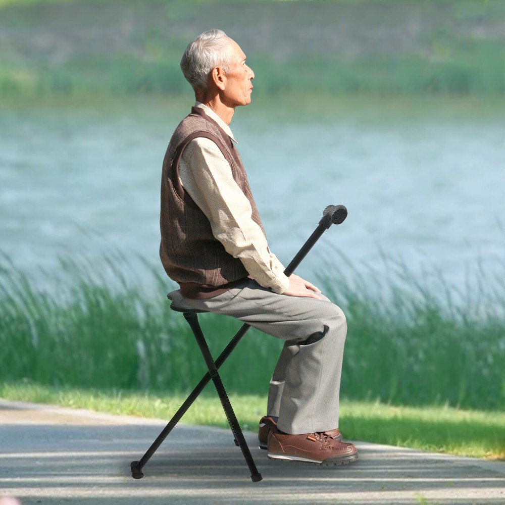 2-in-1 Walking Cane with Seat,Folding Cane Chair, Portable Crutch Chair Black US