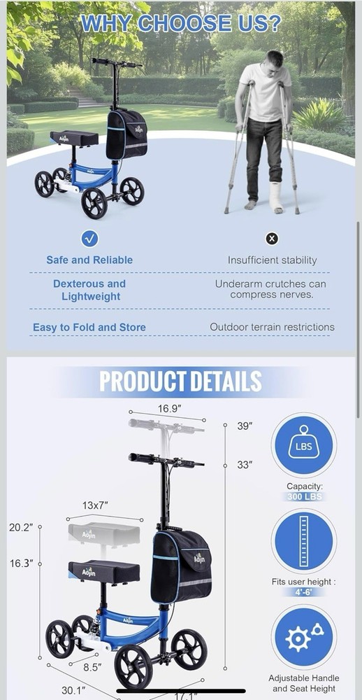 Aojin Knee Scooter/Walker Light Blue Color Brand New Blk And Blue
