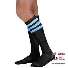 Unisex Knee High Black Tube Sock w/Various One Size Black W/ Neon Blue Stripes