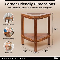 Teak Corner Shower Bench with Matching Soap Holder – Sturdy Large, Brown
