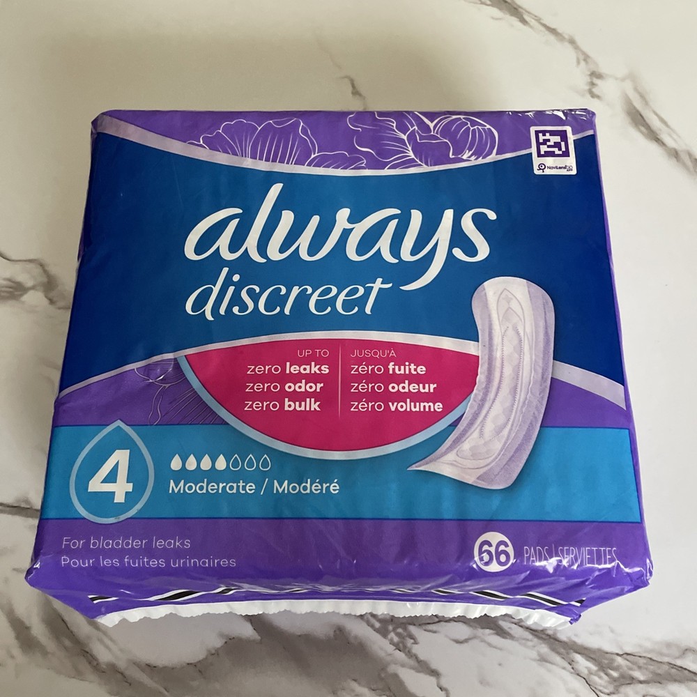 Always Discreet Moderate Incontinence Pads – #4 Moderate Leaks – 66 Pads – New