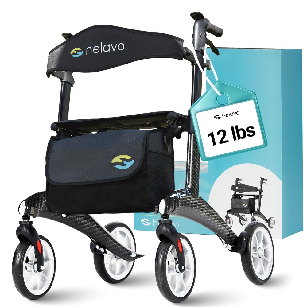 Helavo Carbon Ultralight Rollator Walker, 4 Wheels, With Seat, Black, 300 lbs