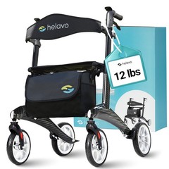 Helavo Carbon Ultralight Rollator Walker, 4 Wheels, With Seat, Black, 300 lbs