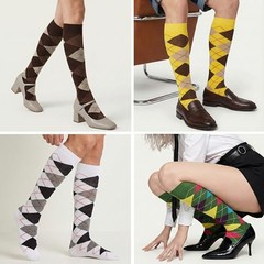 Unisex Knee High Long Socks Argyle 8-11 Burgundy Black Ash